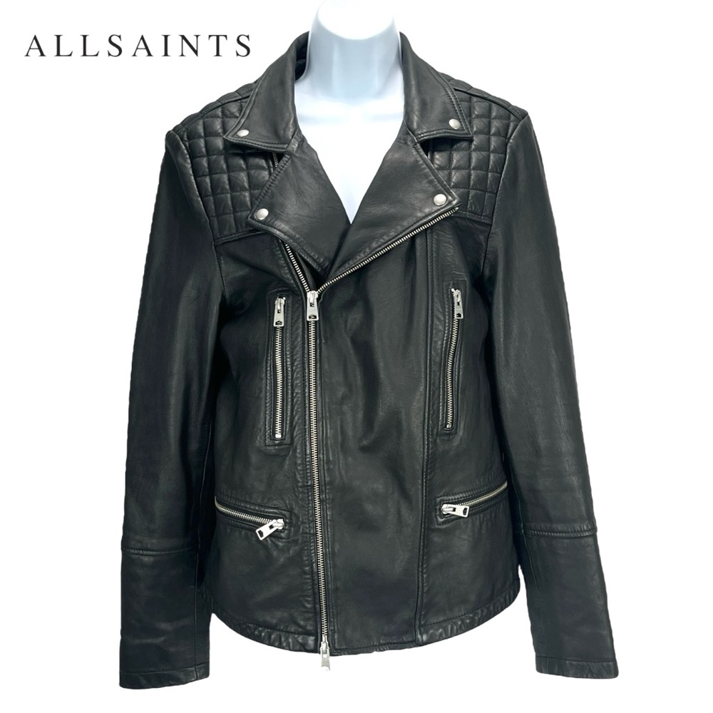 AllSaints Women Small Black Quilted Soft Leather Moto Biker Jacket - Picture 1 of 11